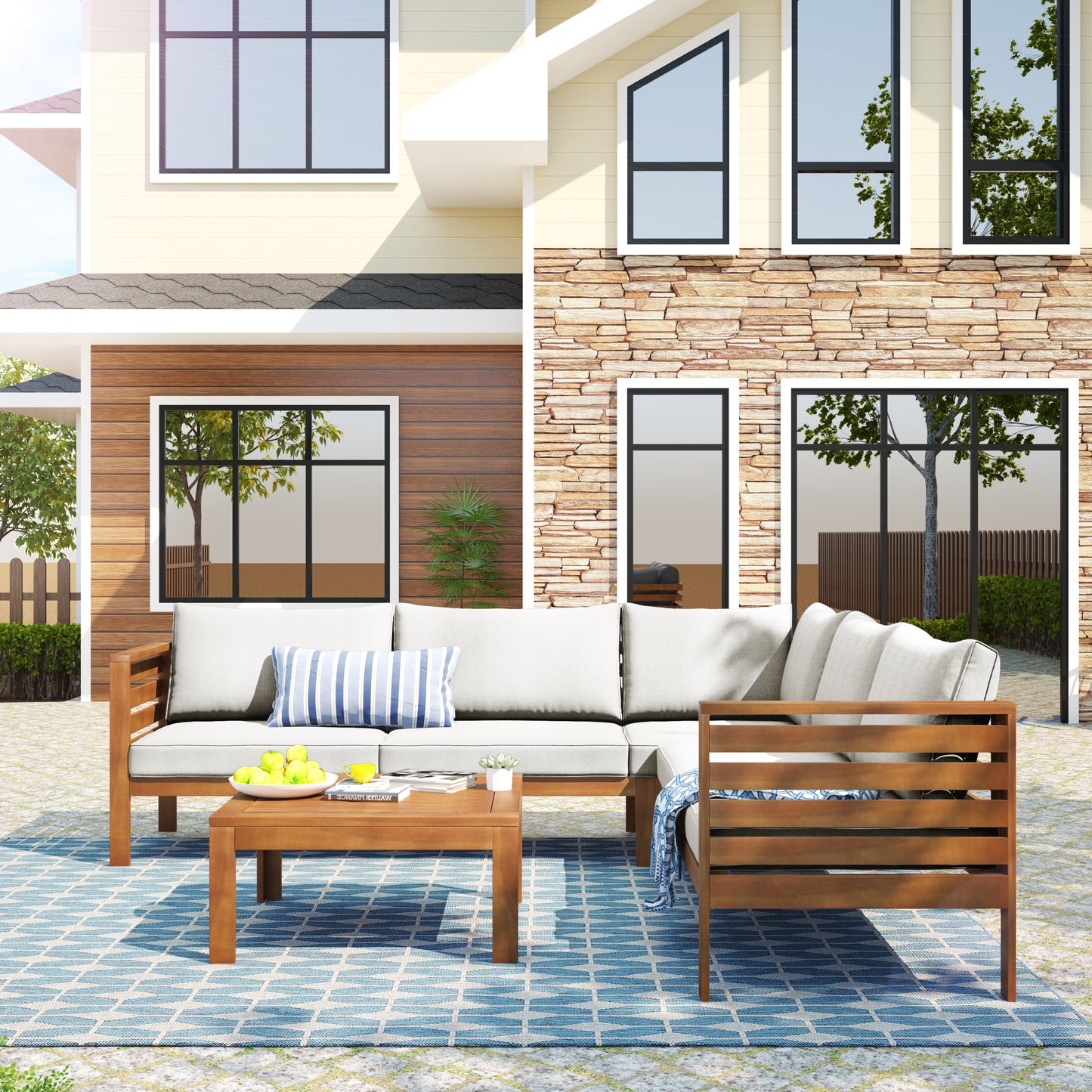Wood Structure Outdoor Sofa Set With Beige Cushions Exotic Design Water-resistant And UV Protected Texture High Quality Acacia Wood Strong Metal Accessories