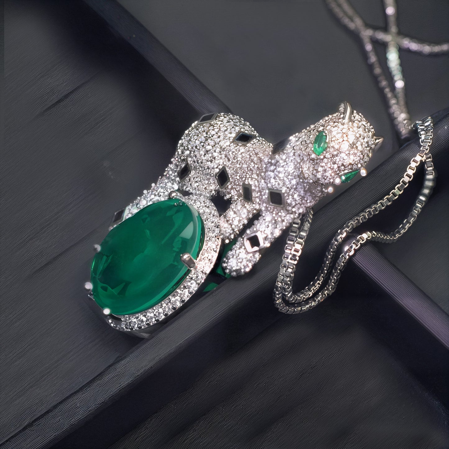 Luxury Leopard Pendant Necklace For Women, Copper Plated Silver Oval Simulated Emerald With White & Black CZ Panther Animal Statement Jewelry Gift
