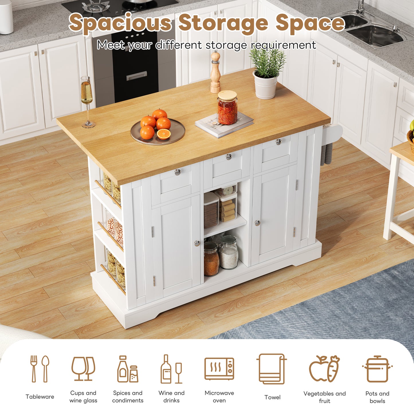 132cm Kitchen Island On Wheels, Dropleaf  Trolley, Farmhouse Style, Foldable Countertop, Drawer, Spice Rack, Towel Holder, 5 Wheels, Integrated Socket, Charging Station, Kitchen Dining Livingroom