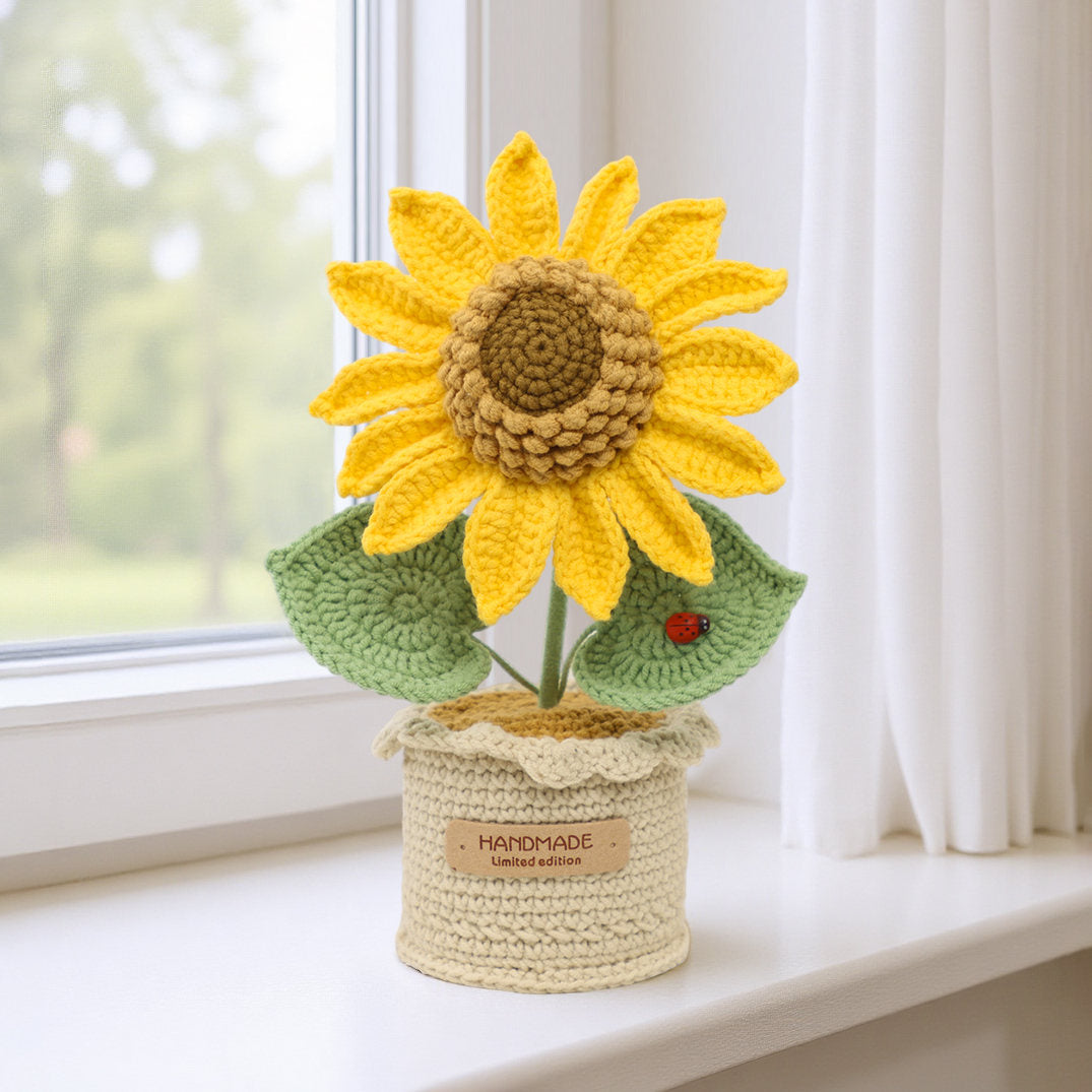 Handmade Crochet Flower Bouquet, Sunflower Matched With Green Leaves And Ladybug Ornament, Soft Yarn Everlasting Crochet Potted Floral Decor, Indoor Home Tabletop Decorative Ornament