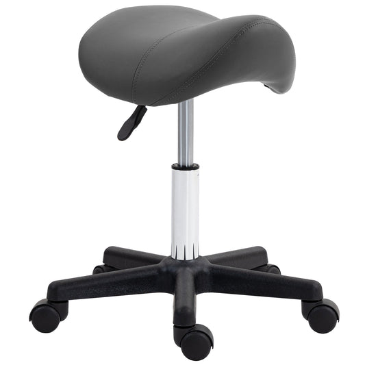 Saddle Stool, PU Leather Adjustable Rolling Salon Chair With Steel Frame For Massage, Spa, Beauty And Tattoo, Grey