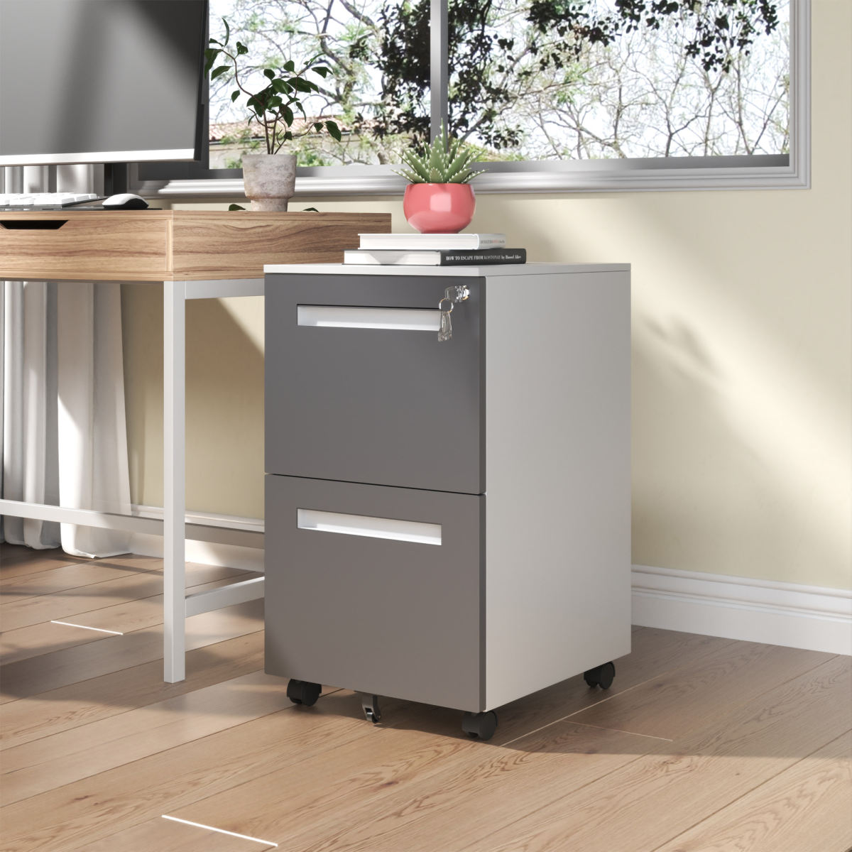 2-Drawer Mobile File Cabinet With Lock, All-Steel Metal Storage Cabinet On 360 Wheels, For Home Office & Commercial Use, Fully Assembled, Holds A4 Letter Legal Files, 110lbs Drawer Capacity
