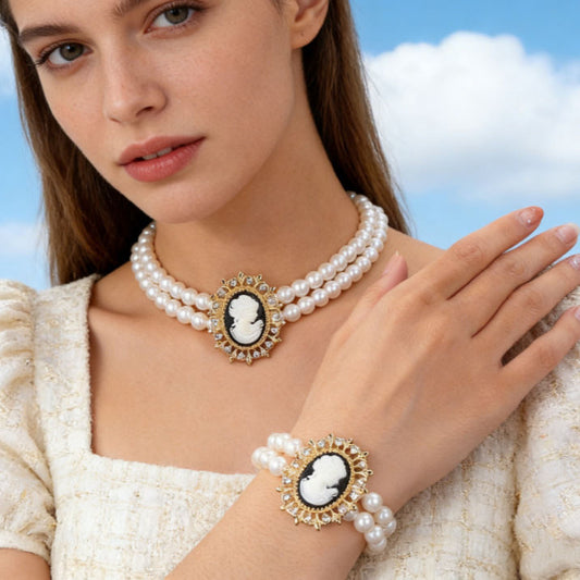Luxury-style Double-layer Faux Pearl Beauty Portrait Necklace And Bracelet Set