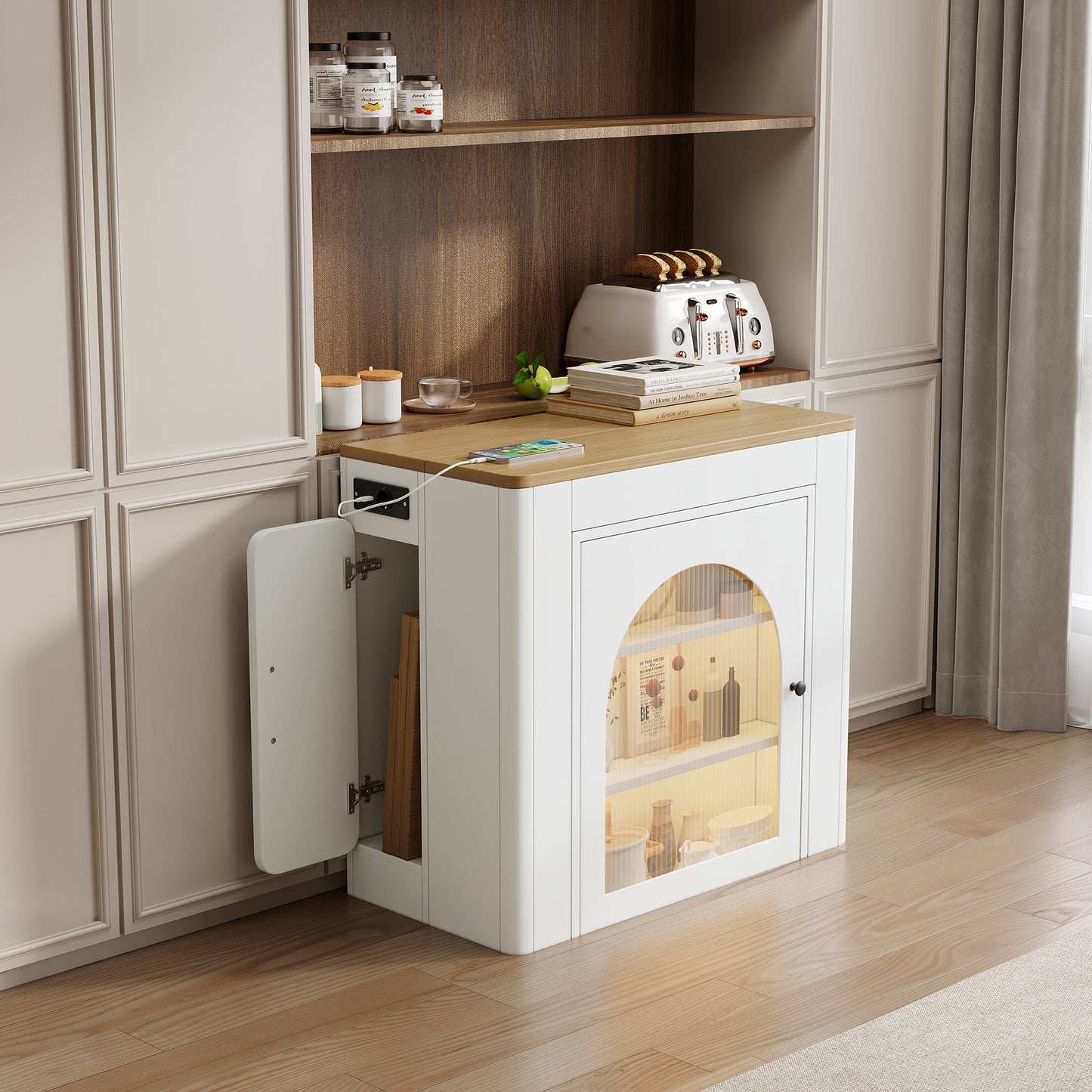 Kitchen Island With Wheels, Extendable Dining Table With Removable Table Top, Mobile Serving Trolley With Power Strips, Serves As A Sideboard, Sideboard Or Bar Table For Kitchen And Dining Room White