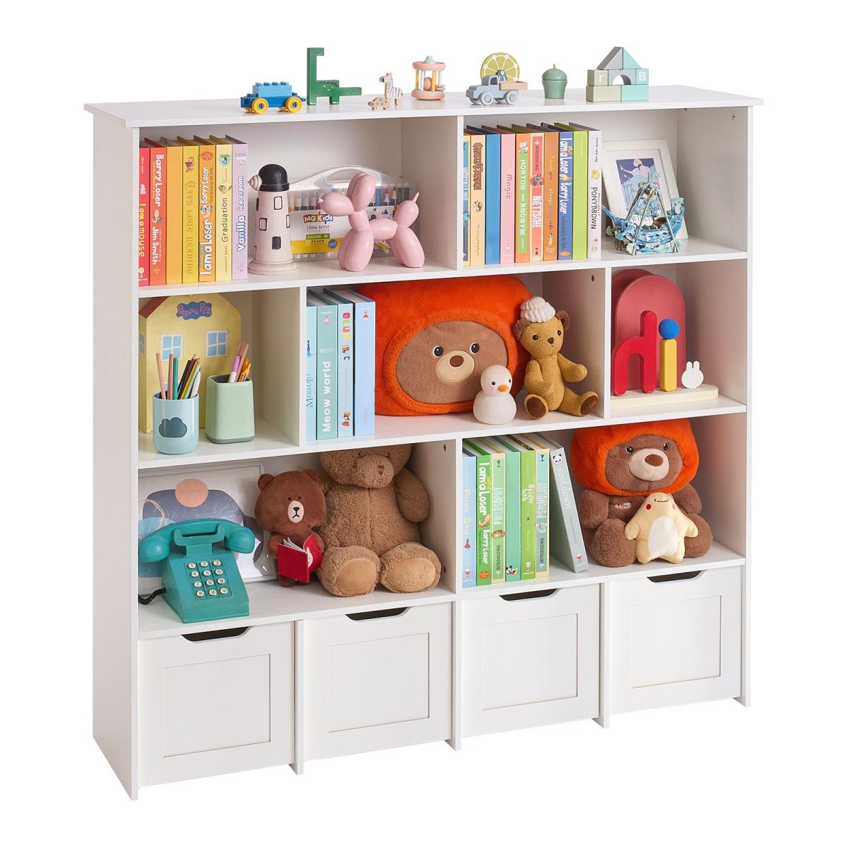 Toy Storage Organizer, Wooden Kids Bookshelf With Storage, Toy Storage Cabinet With 4 Mobile Drawers, Kids Storage Organizer For Bedroom, Nursery, Living Room, Entryway, Preschool, White