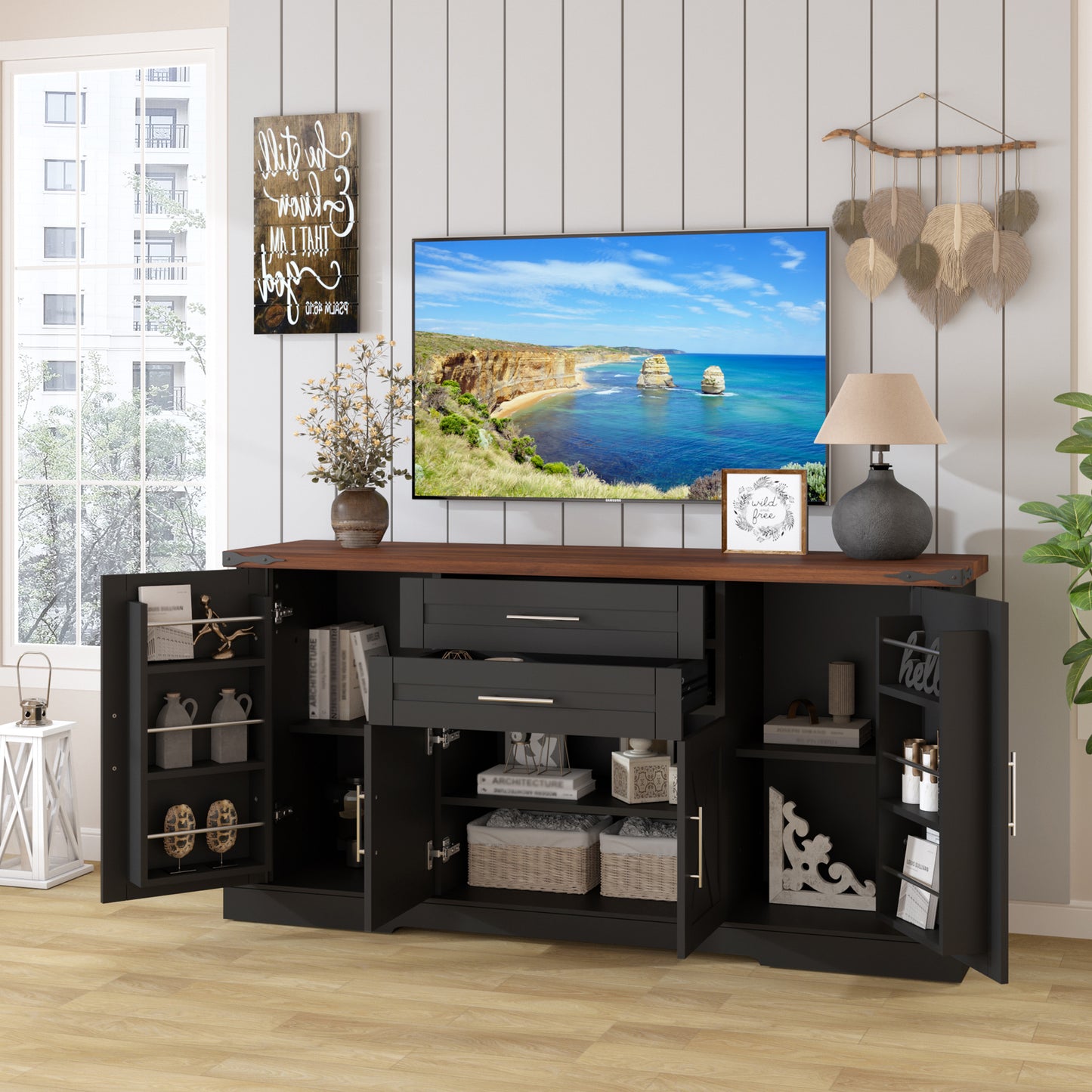 63  Farmhouse Barn Door Storage Cabinet With 2 Drawers & Door Rack, Large Buffet Table Coffee Bar Cabinets With Adjustable Shelves For Kitchen, Living Room, Entryway, Dining Room, Black