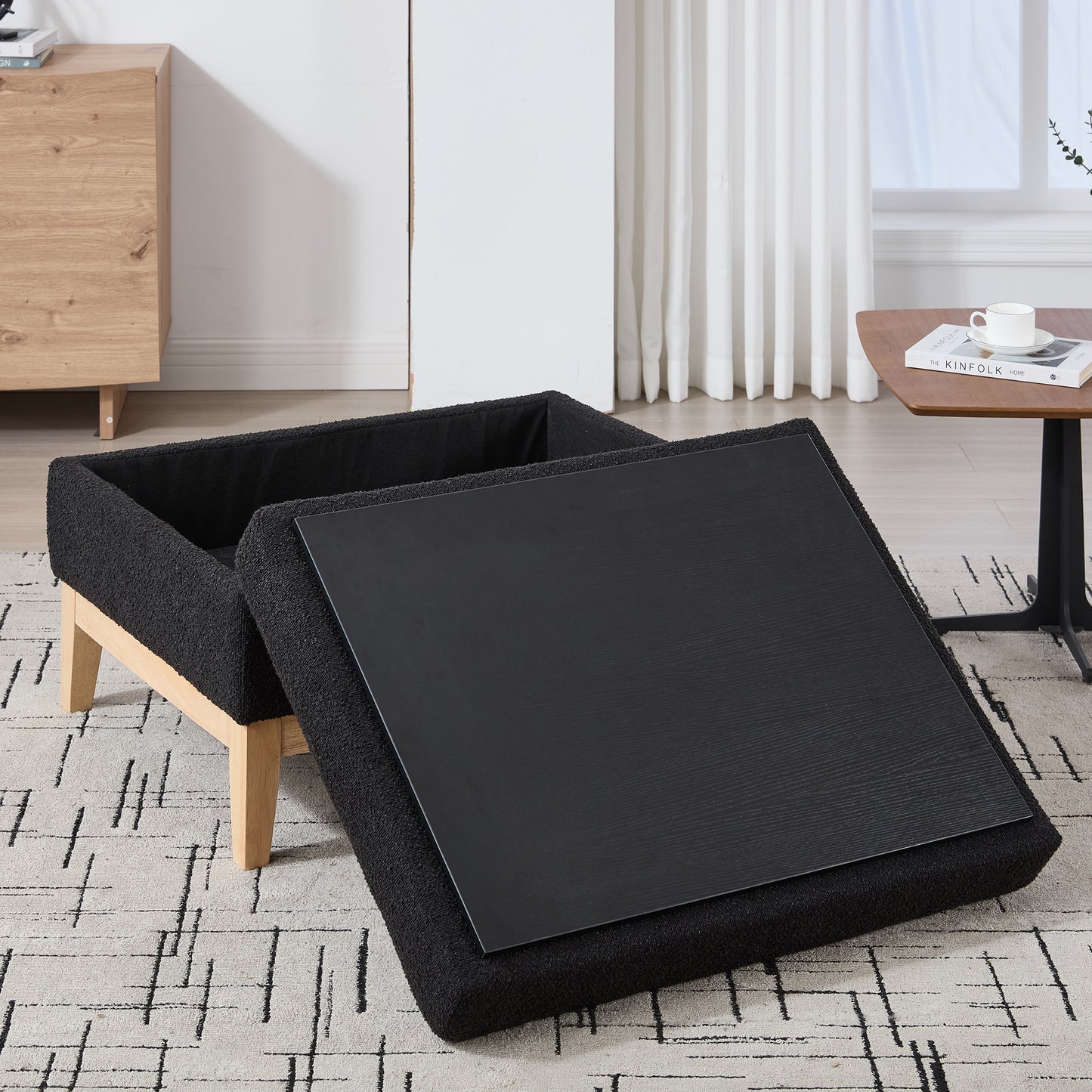 33.86 W Upholstered Wood Base Storage Ottoman With Reversible Lid Coffee Table, Foot Stool Square Footrest With Rubberwood Legs For Living Room Bedroom Entryway And Office,Black Boucle.
