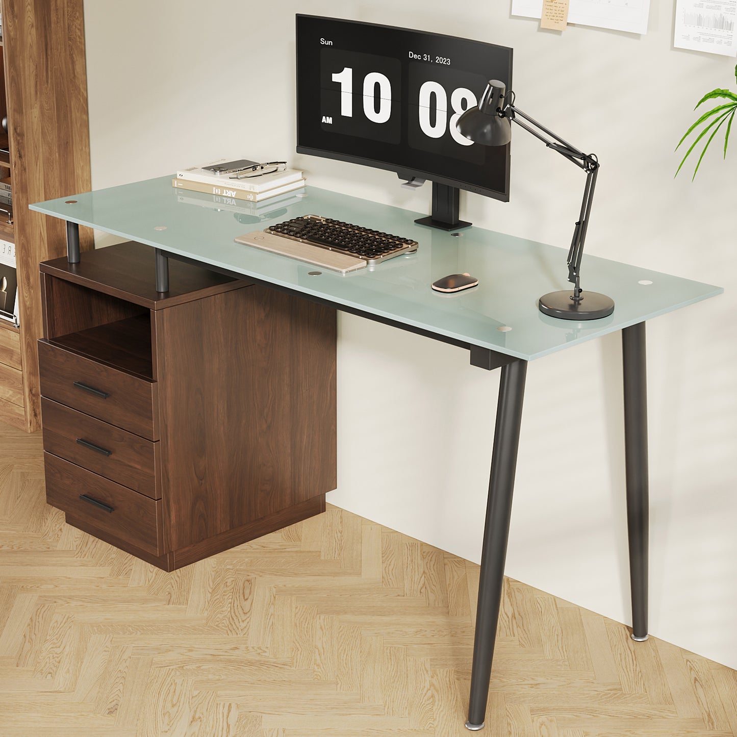 130x50x75cm Modern Desk With Glass Top, Tubular Steel Frame, Three Drawers And Open Storage Compartment, Tempered Frosted Glass, Black Handles, Brown