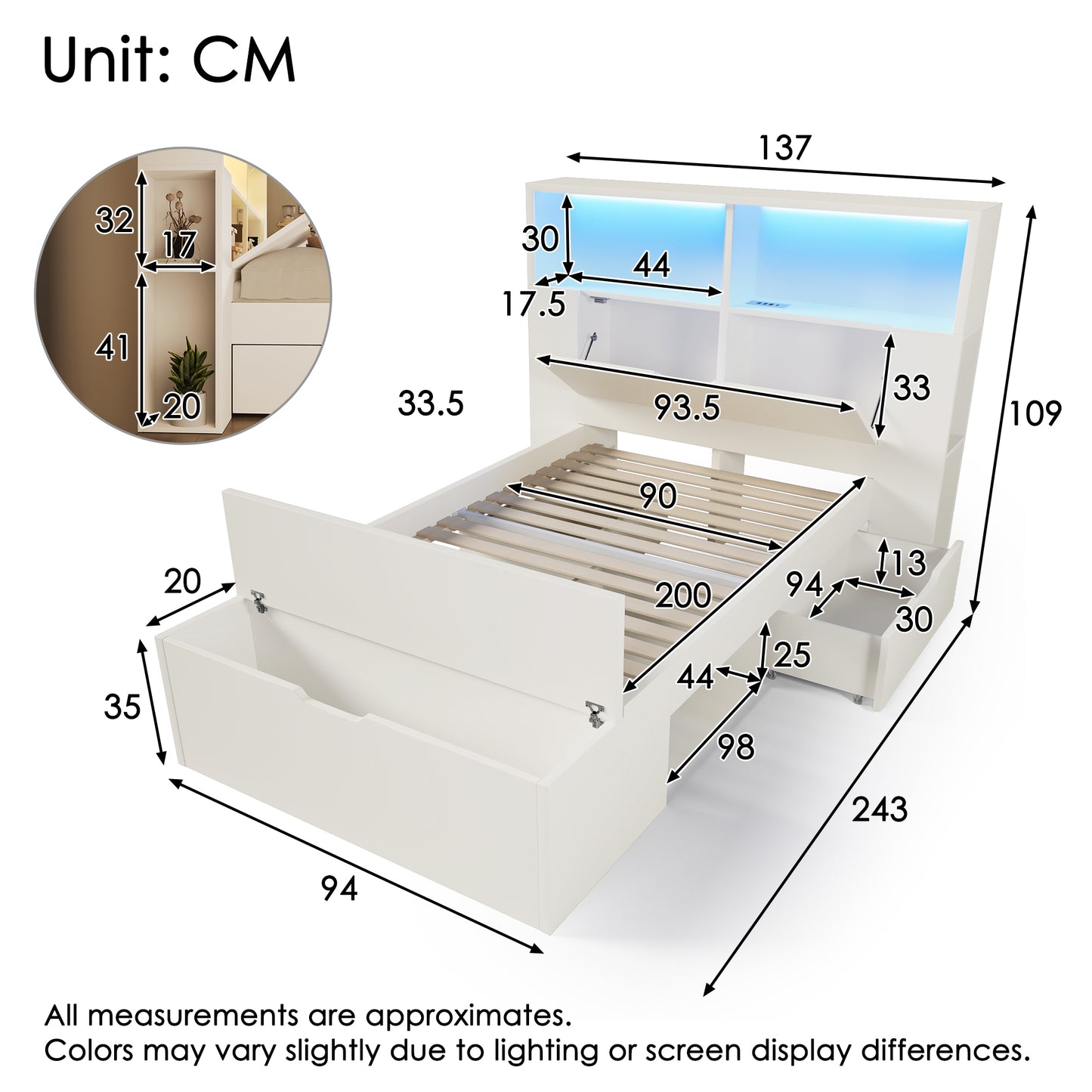 Wooden Bed 90x200 Cm White Single Bed With Storage, LED Lighting, USB Charging Ports, Drawers, Bed Bench, Shelves, Slatted Base, For Children Teenagers Room, Without Mattress