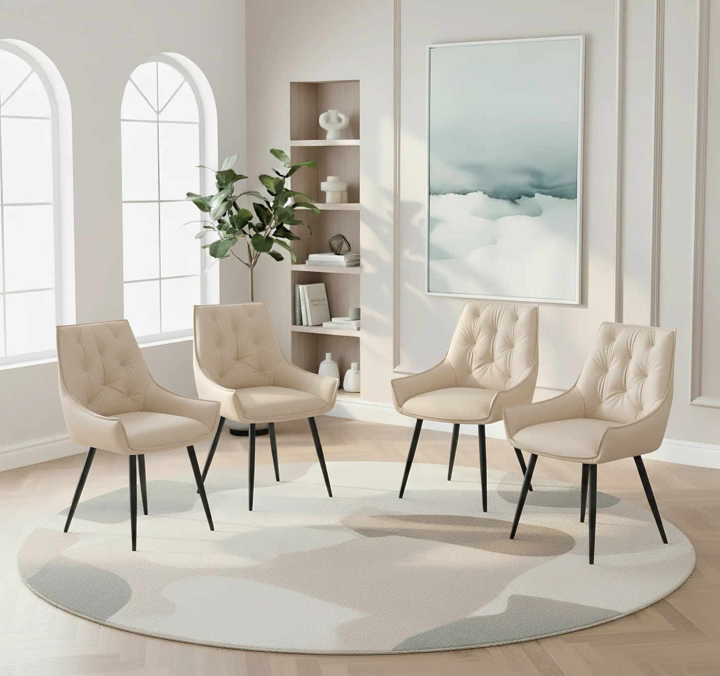 Dining Chairs Set Of 2, Off White Faux Leather Dining Room Chair, Metal Kitchen Chairs With Gold Mesh Texture And Black Sanded Legs, Flat Back Upholstered Chair  Off White, Set Of 2