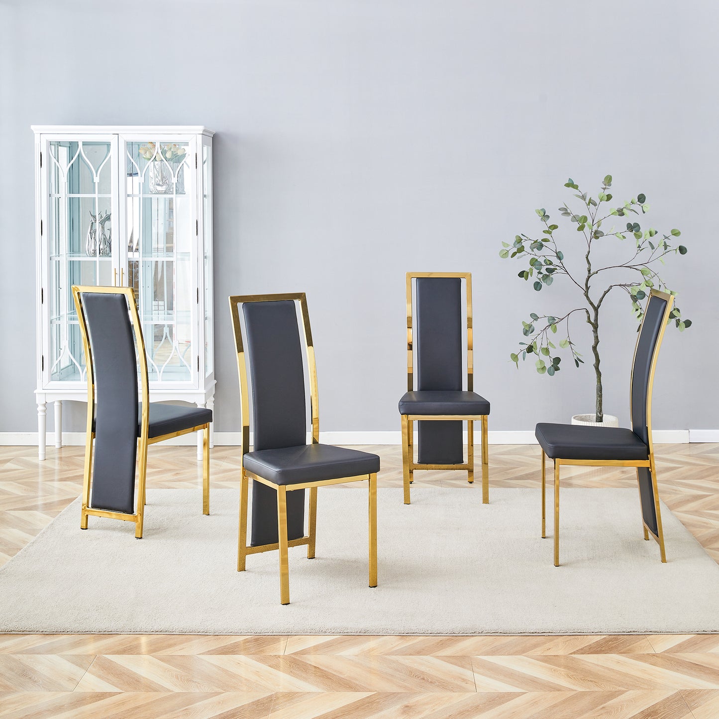 Set Of 4 European Minimalist Dining Chairs With Gold Edge. Black PU Leather   Gold Luster Metal Frame, 109cm High, For Versatile Uses Such As Dining Room, Office, Etc.