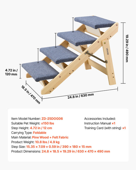 Wood Pet Stairs, 4-Step Dog Stairs For Beds, Sofa & Cars, 150lbs Load Capacity, Floded Flat Design, Stable & Sturdy Cat & Dog Step Ladder For Small Medium Large Older Pet Puppy Essentials