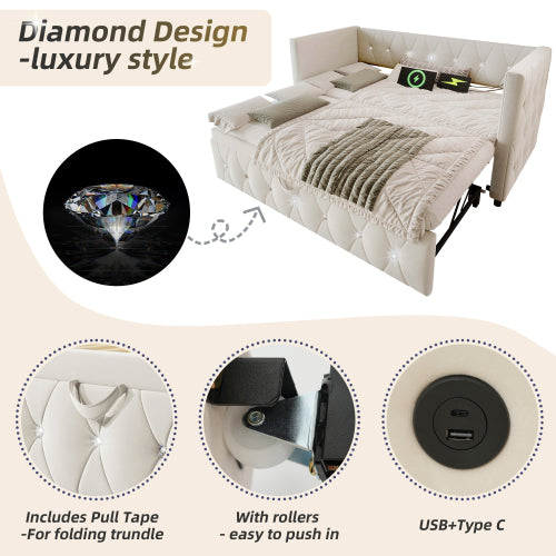 Daybed Single Upholstered Bed Sofa Bed With USB &Type C Charging Station, 3FT Single Bed 90 X 190 Cm With Trundle ,Pull Out Trundle For Living Room And Bedroom, Velvet