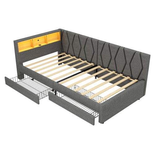 3ft Single Daybed With Two Storage Drawers, LED Modern Bed Frame With Charging Station, Linen Sofa Bed For Living Room Bedroom Study Room, 90X190cm, Easy Assembly, Grey