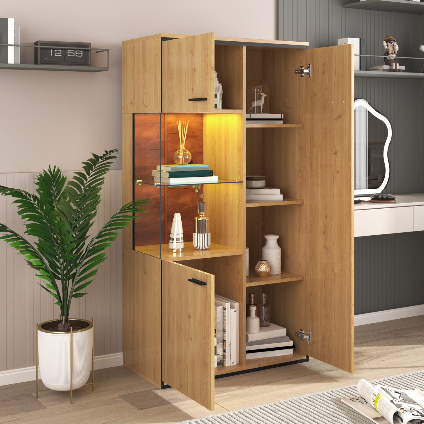 Modern Display Cabinet With LED Lighting - 150cm High - Glass Door, Multi-purpose Shelves, 15 Color Options, Large Storage Space, Glass Shelf, Showcase, Presentation Furniture, Cabinet With Lighting,