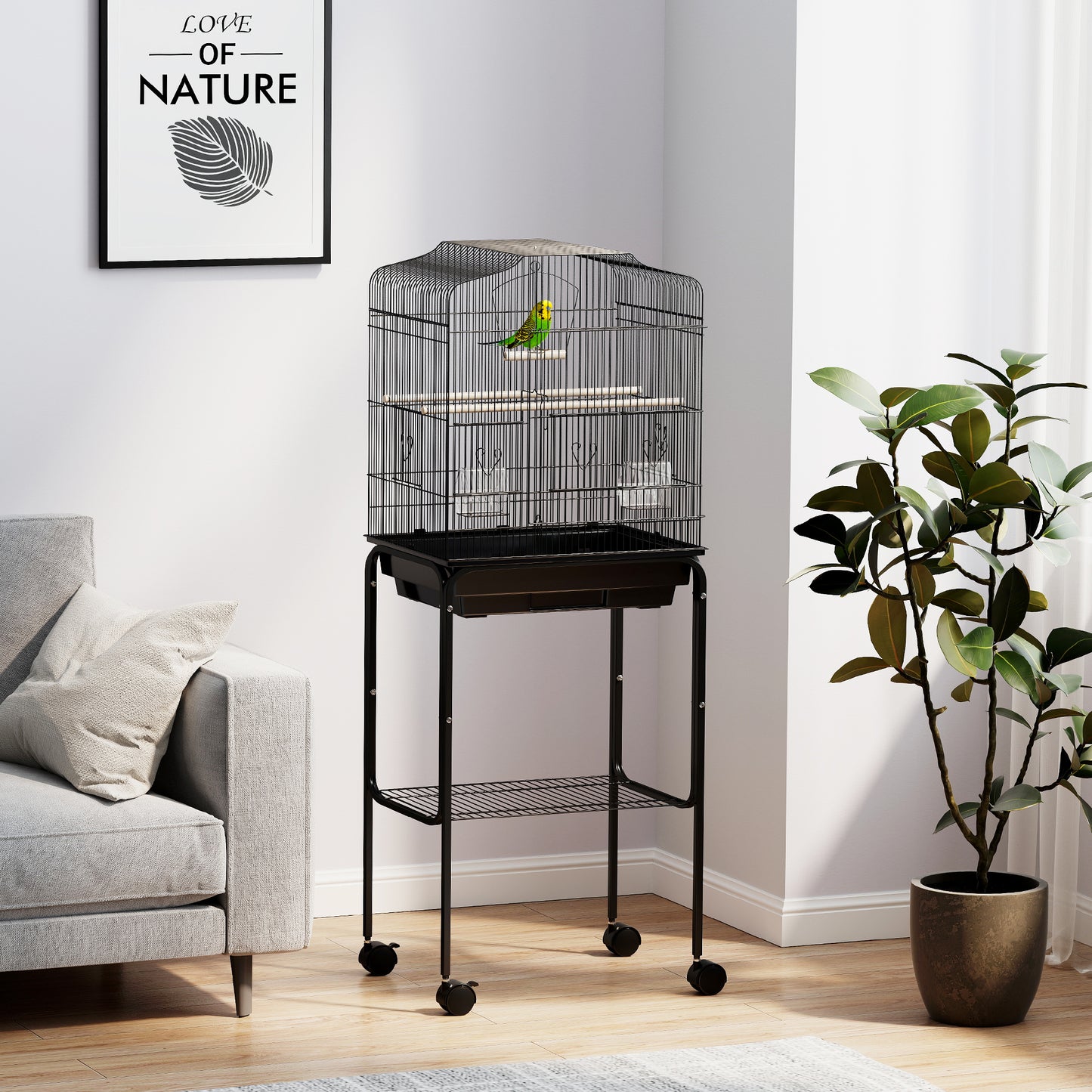 PawHut Bird Cage Budgie Cages For Finch Canary Parakeet With Stand Wheels Slide-out Tray Accessories Storage Shelf, Black