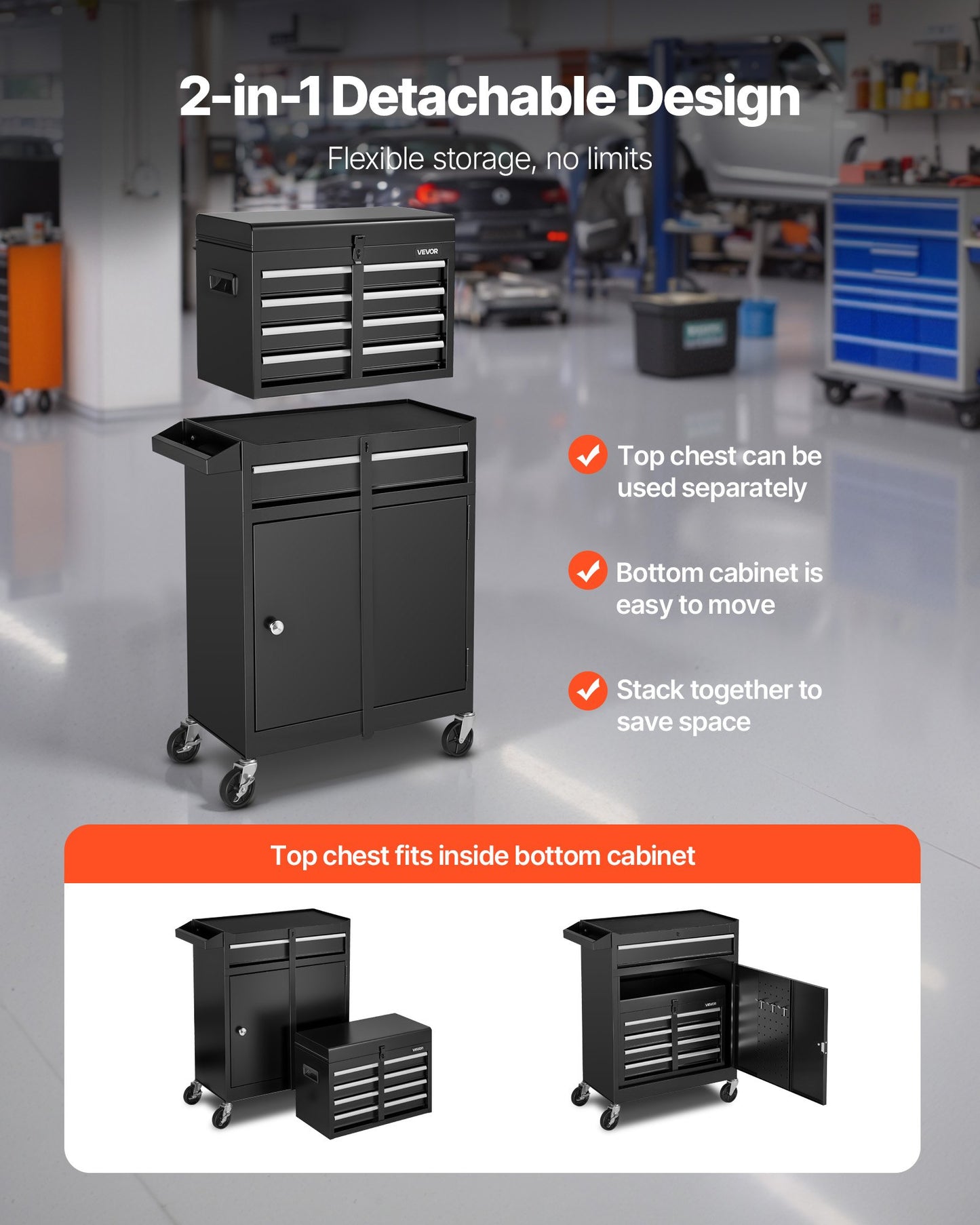 Rolling Tool Chest, 2-in-1 Design, 5 Drawers Tool Cabinet Organizer With Detachable Top Metal Toolbox, Lock Bar, Protective Liner, And Tools Rack, Garage Storage Cabinet For Warehouse, Workshop