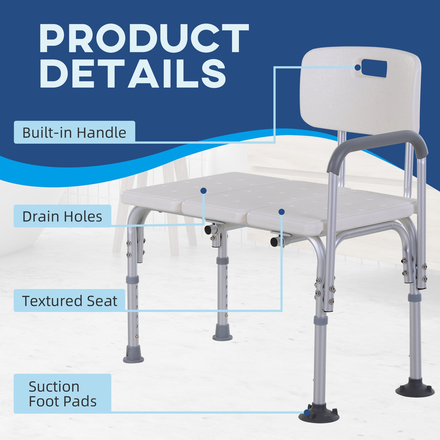 Height Adjustable Shower Chair, Non Slip Bath Transfer Bench For Elderly, Disabled With Armrest And Backrest, 300 Lbs Capacity, White