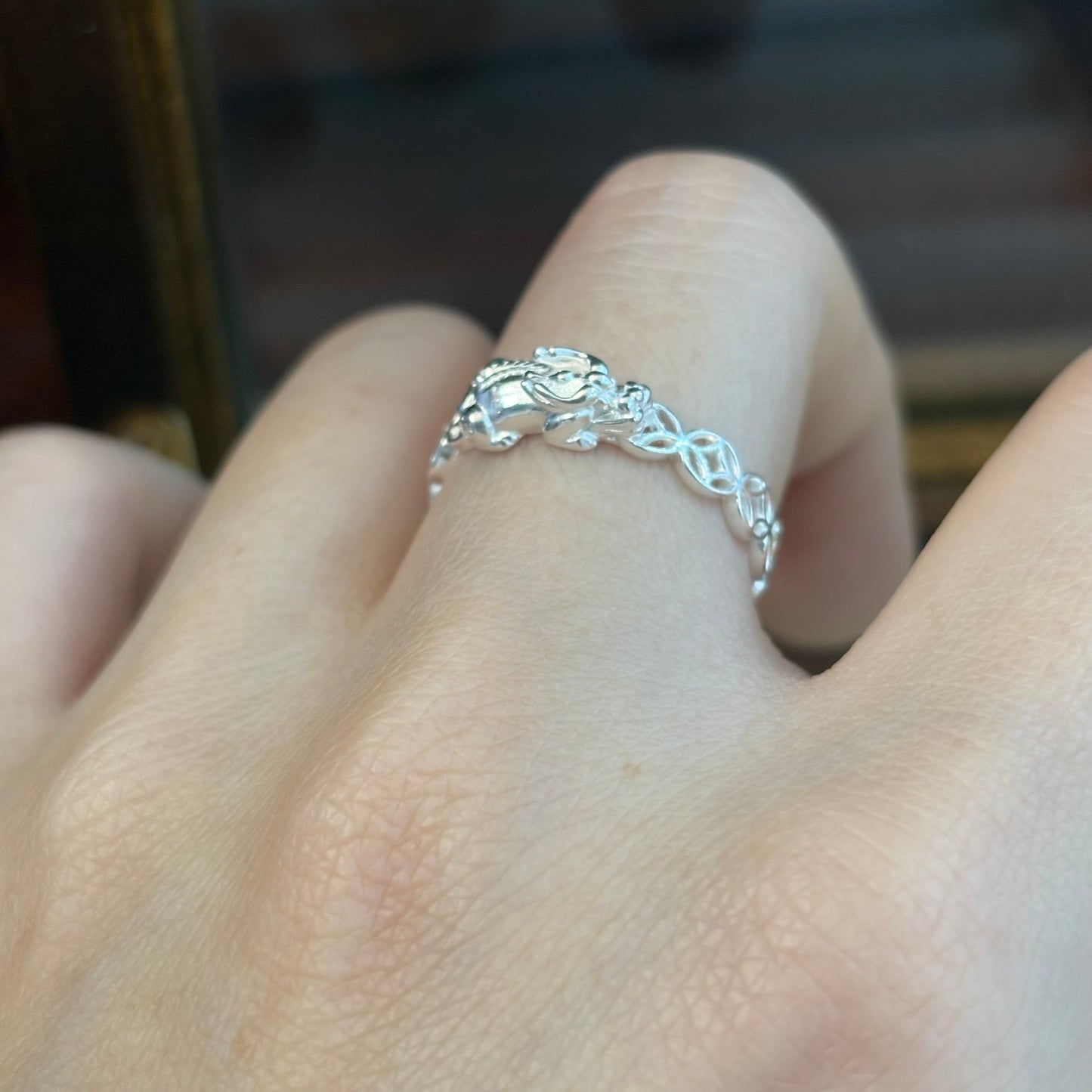 1pc 999 Sterling Silver Pixiu Coin Chain Open Ring, Lucky Retro Style, Perfect For Daily Wear And Holiday Gift