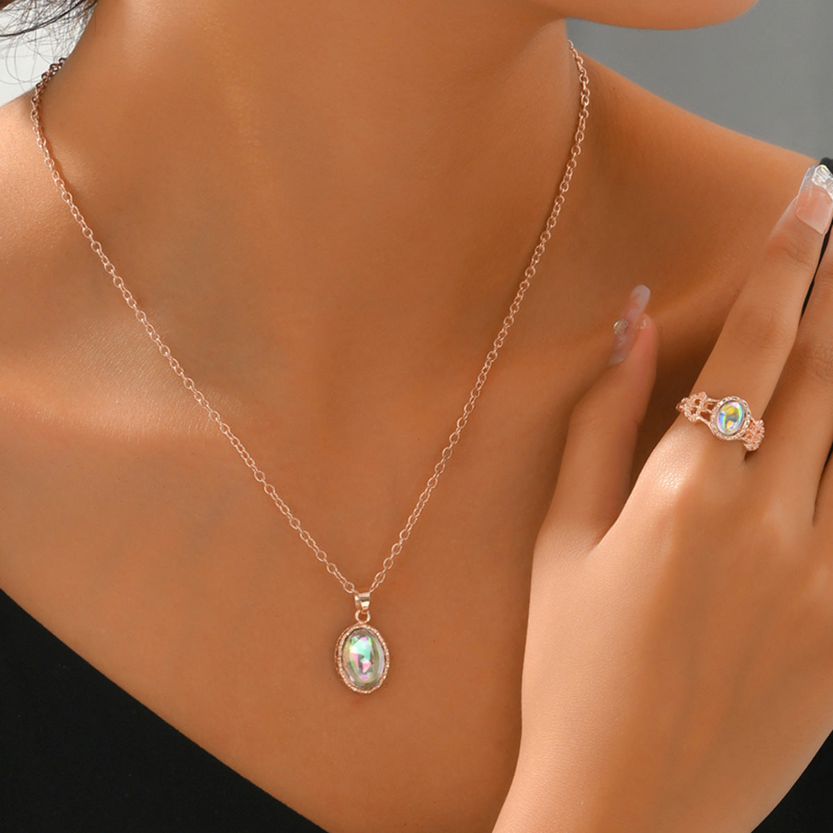 Cross-border European American Women Jewelry Set, Niche Inlaid Cubic Zirconia Necklace, Plain Band Ring & Matching Earrings, Premium Texture Versatile Daily Accessories