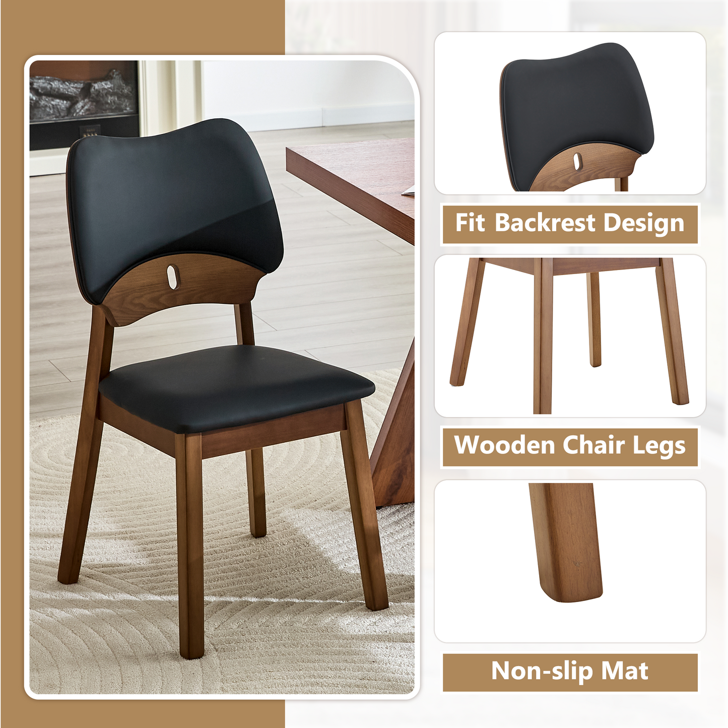 2 Walnut Colored Solid Wood Dining Chairs, With Black PU Soft Packaging On The Backrest And Seat Cushion, Hollowed Out Design Backrest, For Home Dining Chairs.