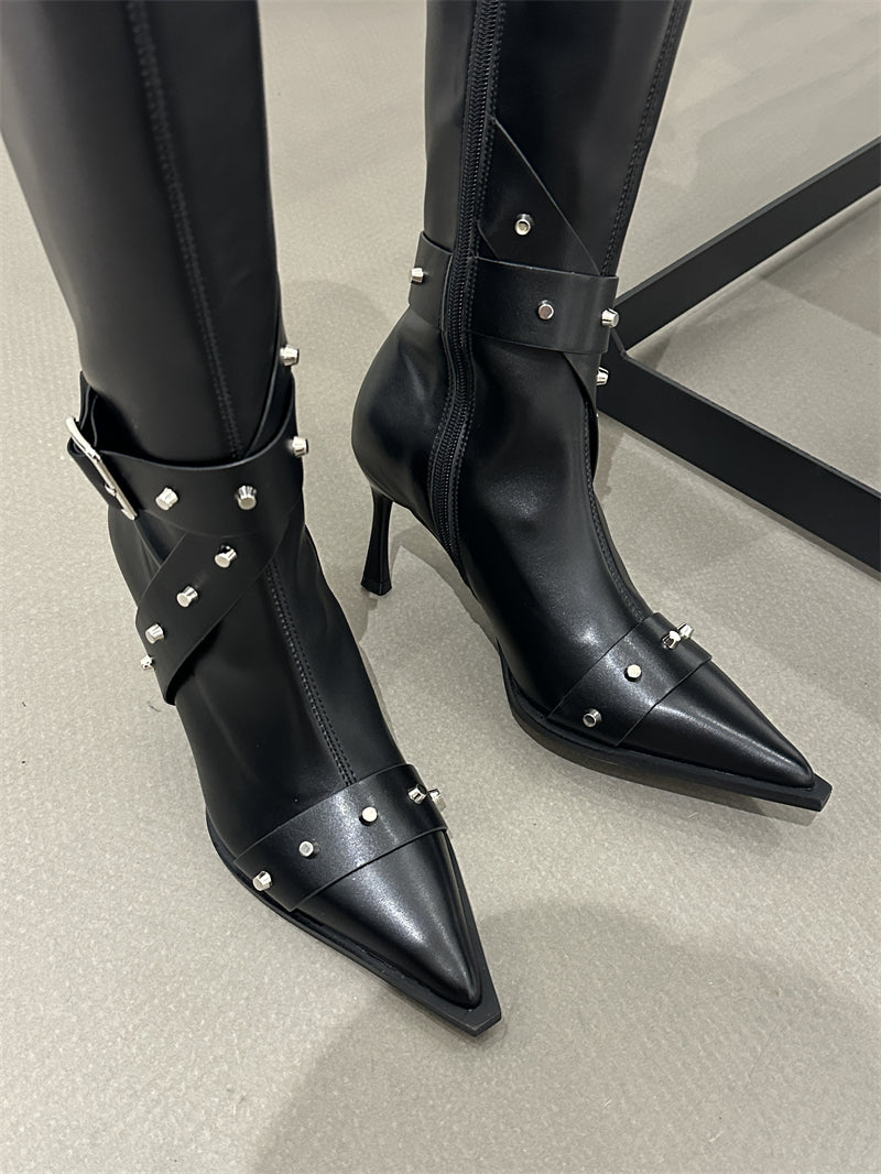 Women's Pointed Toe High Heel Knee-High Knight Boots, 2026 New Autumn Winter Slim Fit Boots, Vintage Studded Boots With Belt Buckle
