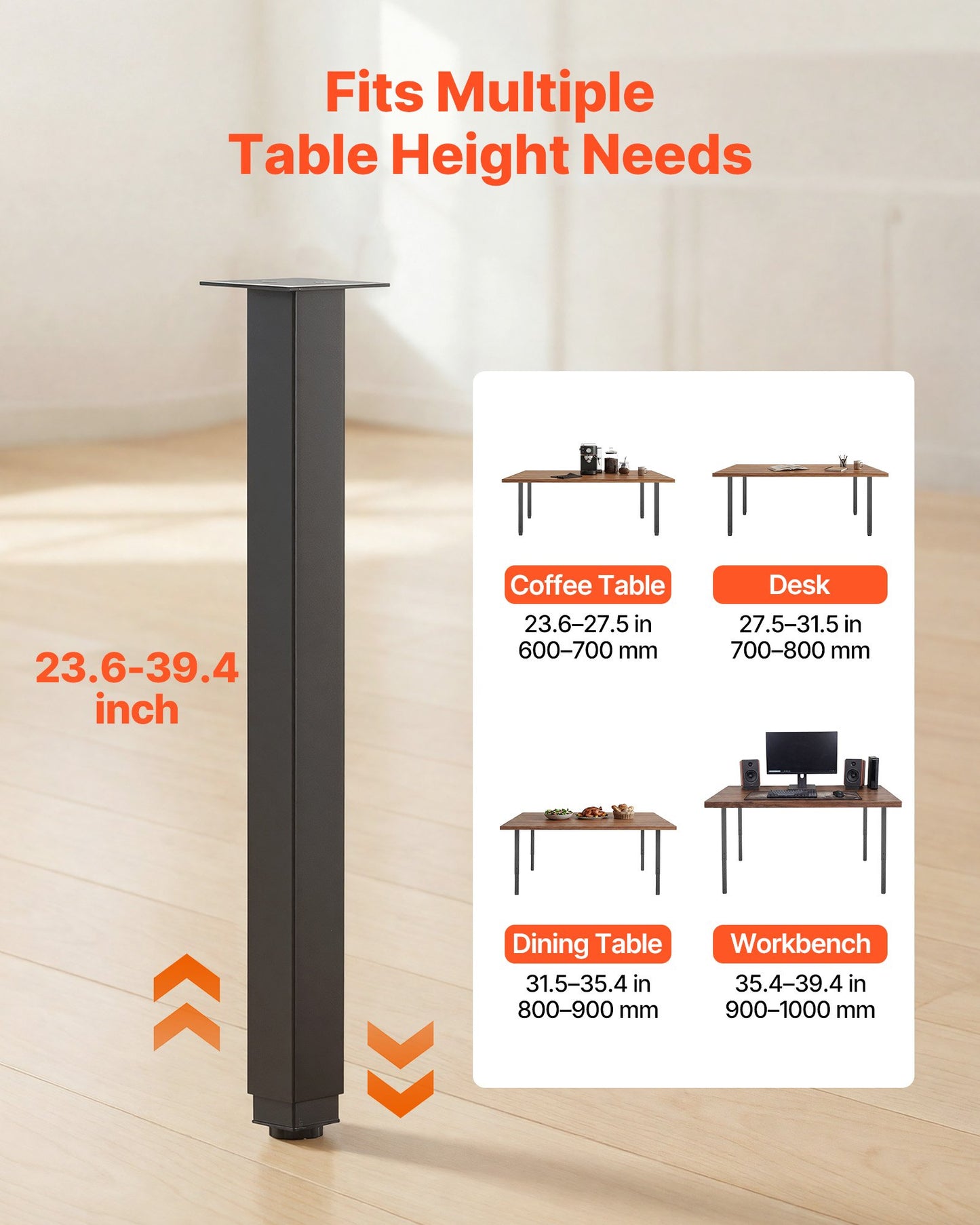 Adjustable Table Legs, 24-40 In Square Steel Furniture Legs, 1200 Lbs Max Load Heavy Duty, Quick Installation, Ideal For Home Office Desk DIY, Coffee Dinner Bar Tables, Workbenches, 4 PCS, Black