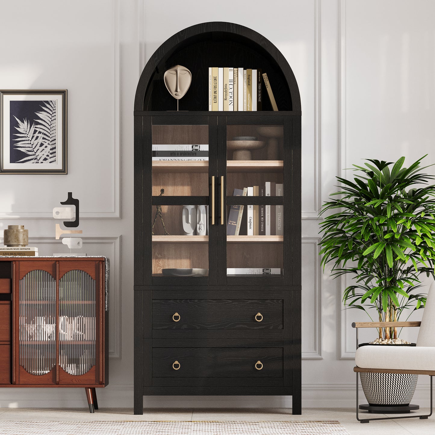 K&K 71  Tall Arched Kitchen Pantry Cabinet With 2 Large Drawers, Modern Farmhouse Kitchen Storage Cabinets With Adjustable Shelves, Glass Door, Wood Versatile Cupboard For Kitchens, Dining Room, Black