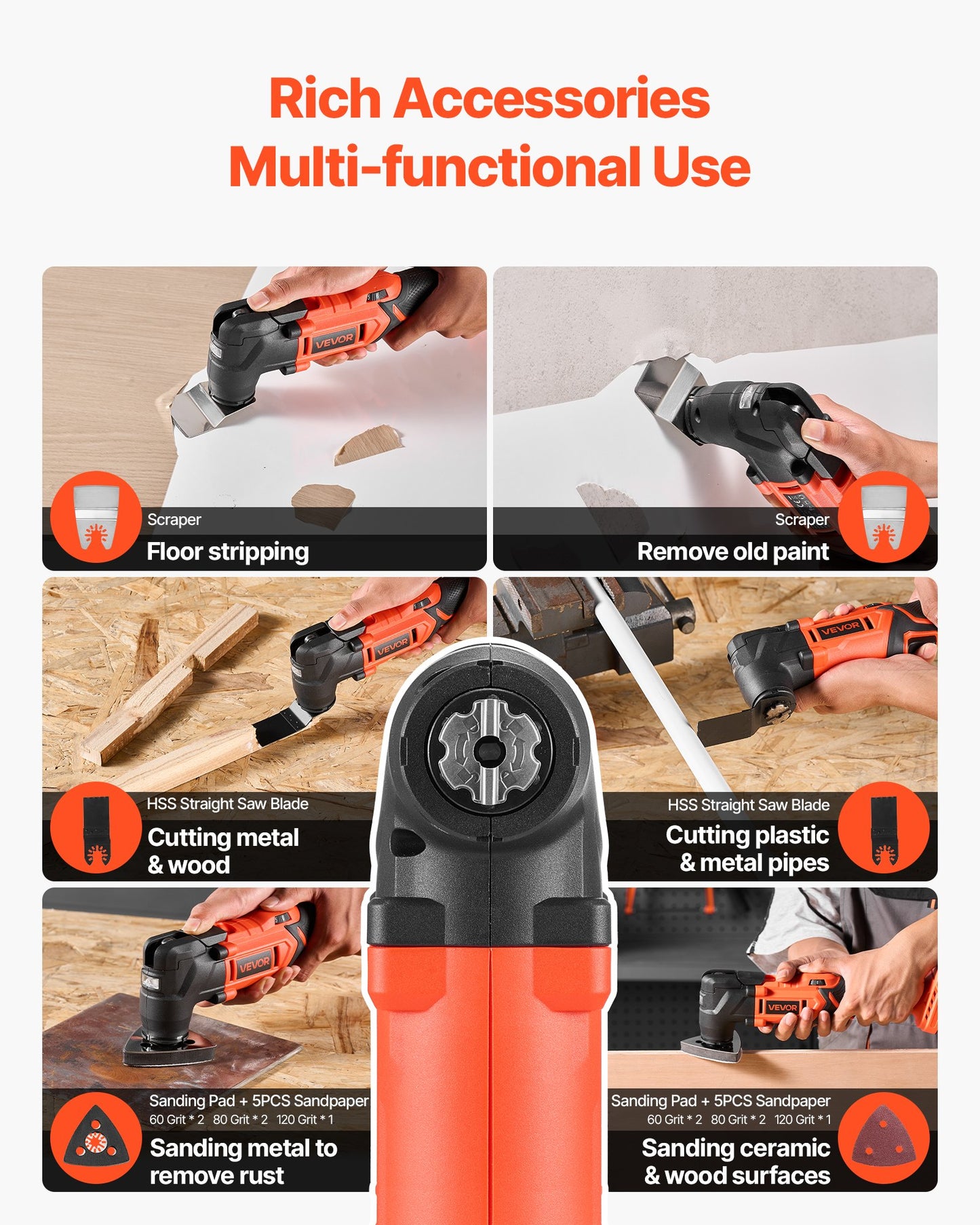 Cordless Oscillating Tool, 20V Multitool Oscillating Tool With 6 Variable Speeds 8500 - 17000 OPM, 3.2° Oscillating Angle, 8PCS Saw Accessories & LED Work Light (Battery Pack Not Included)