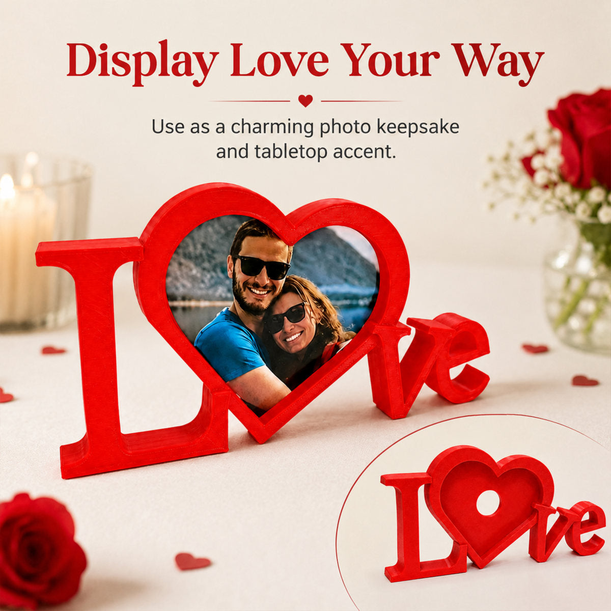Love Heart Photo Frame Tabletop Decor, Freestanding 3D Printed Picture Holder Romantic Keepsake Gift For Valentine Wedding Anniversary Couple