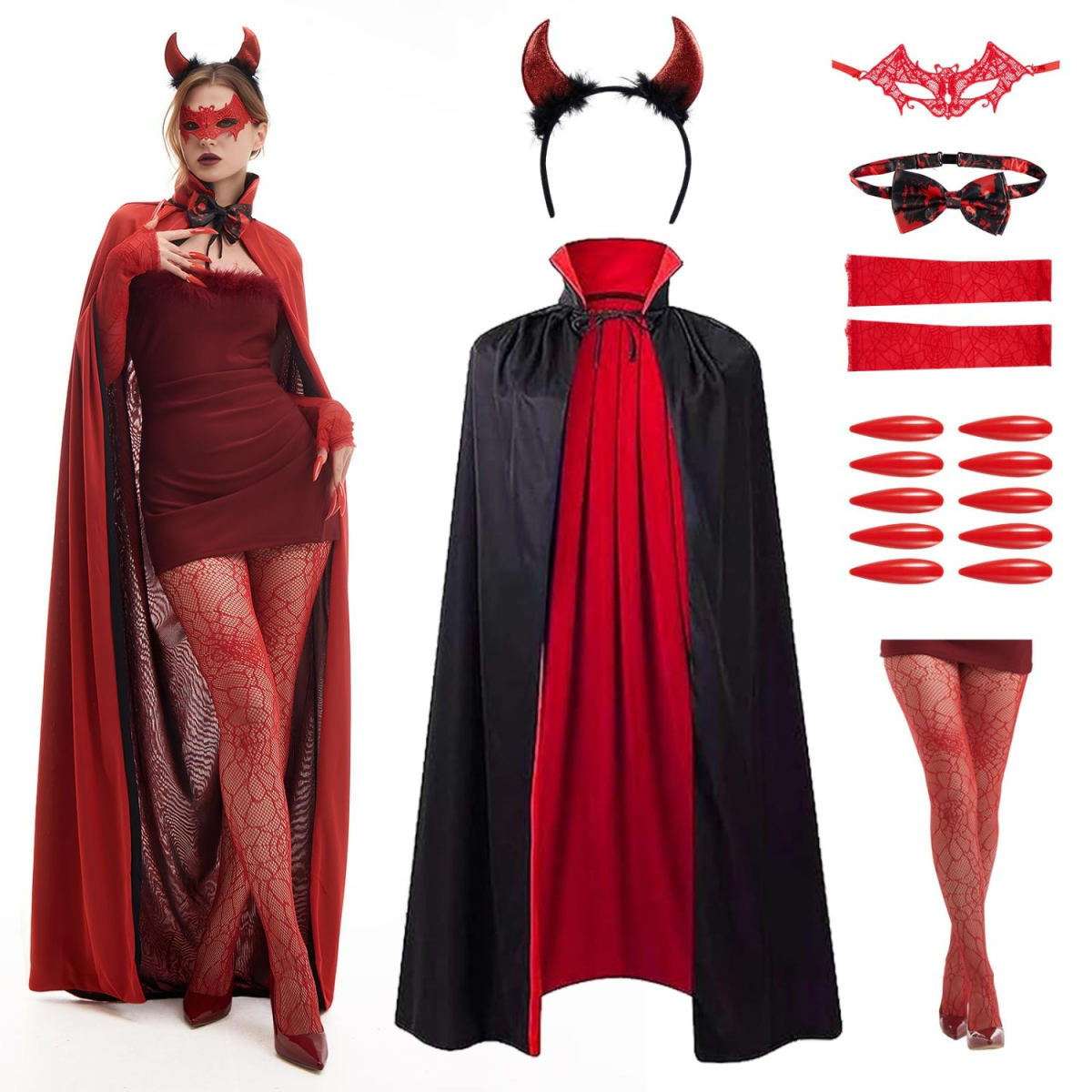 7-Piece Women's Devil Costume, Deluxe Women's Costume, Spooky Devil Cape Set With Premium Accessories For Women, Theme Parties