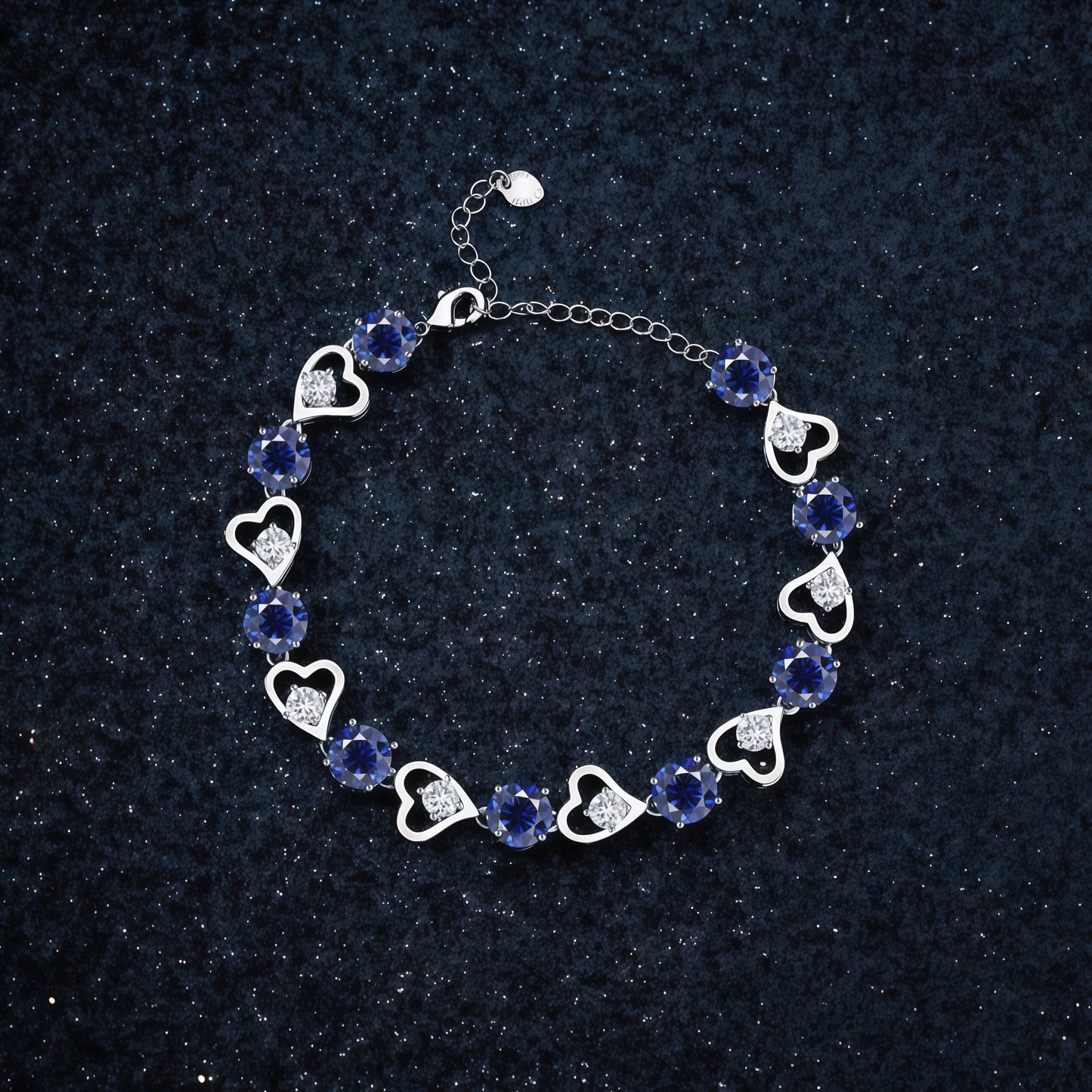 Heart Link Round Blue CZ Tennis Bracelet For Women, Copper Plated Silver With Adjustable Extension Chain Sapphire Color Cubic Zirconia Romantic Wedding Jewelry Gift