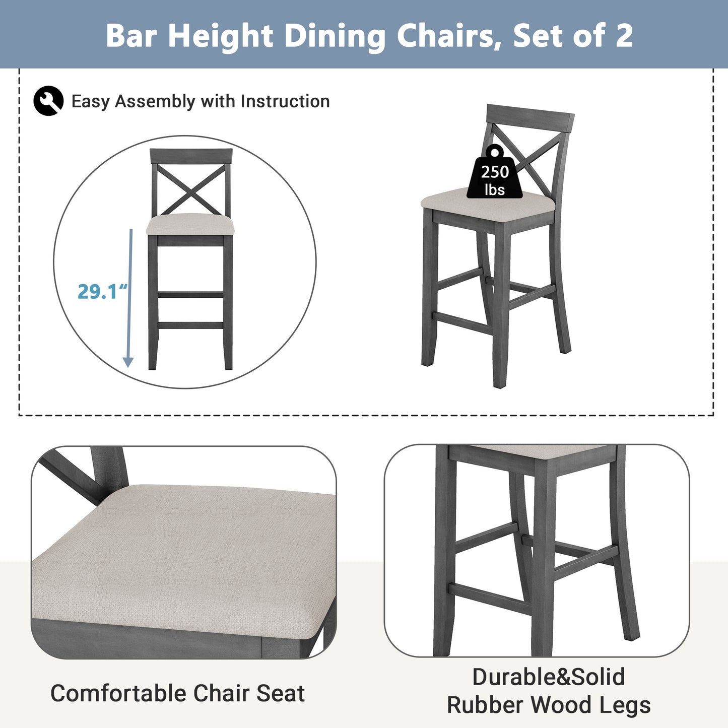 TOPMAx Farmhouse 48 Rectangular Wood Bar Height Dining Set Kitchen Breakfast Nook With 2 Chairs For Small Places Gray Beige