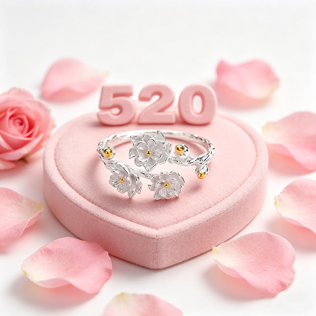 S925 Sterling Silver 12-Month Flower Series Adjustable Ring, Niche Gift For 520 Valentine's Day