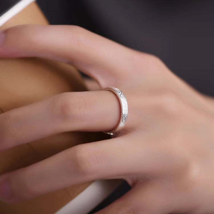 1 Pair 999 Sterling Silver Tang Grass Engraved Couple Rings, Retro Elegant Style, For Daily Wear & Valentine's Gifts