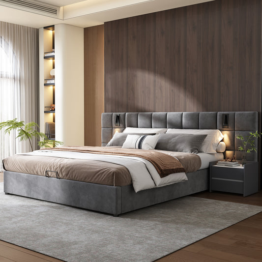 Upholstered Bed,Hydraulic Storage Bed With Directional Lamp And USB Charging,Wide And Foam-Filled Headboard,Checkerboard Pattern, Steel Frame, Without Bedside Table,Velvet,180x200cm,Grey