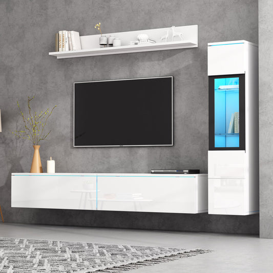 3-piece TV Wall Unit Set With LED Lighting, High-gloss White Living Room Furniture Set1 X TV Cabinet, 1 X Display Cabinet, 1 X Wall Shelf