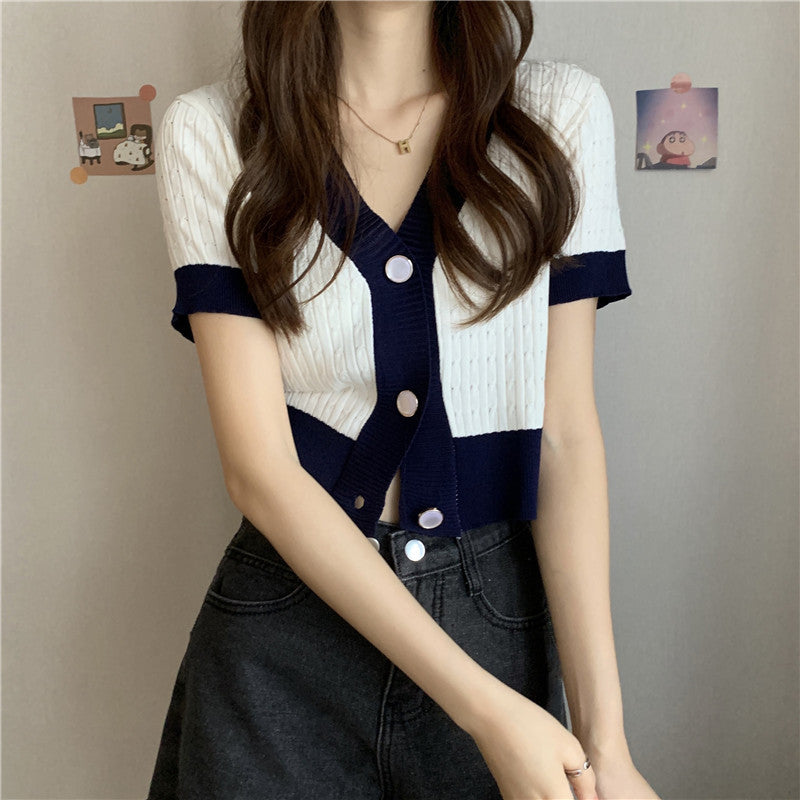 Retro V-neck Short-sleeve Knit Women's Summer Korean Loose Crop Top