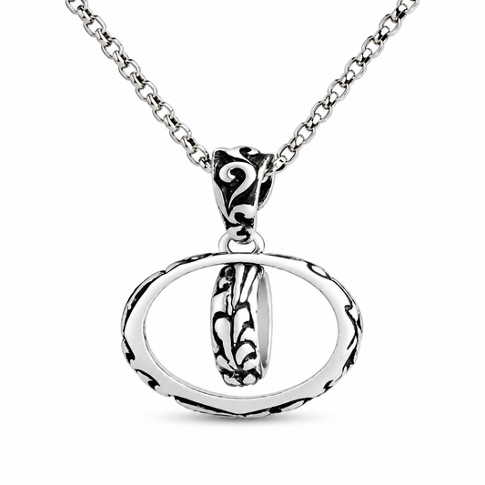 Vintage Scroll Engraved Interlocking Oval Double Ring Pendant Necklace For Men, Copper Plated Silver Antique Black Two-Tone Punk Biker Jewelry Gift