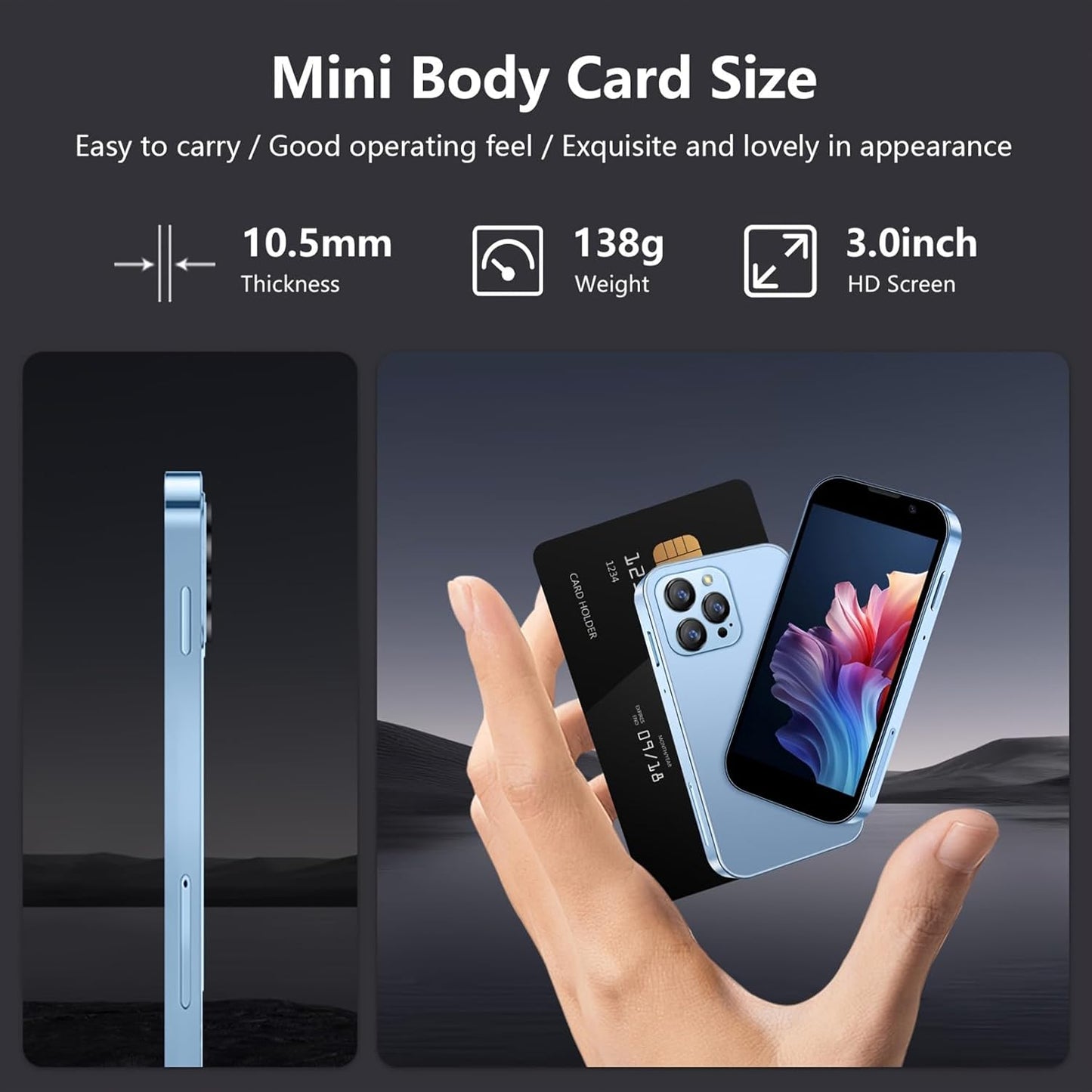 Mini Phone Unlocked World's Smallest 3.0in HD Touch Screen Mini Smartphone Android 8.1Compact Mobile Phone For Kids &Students Cell Phone Wih Quad-Core Dual SIM Face LD2GB-16GB
