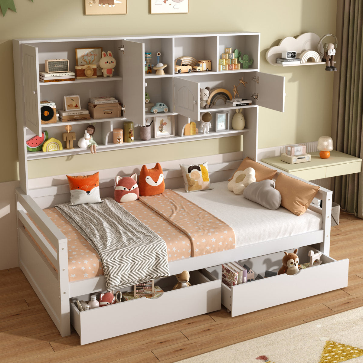 3ft Single Bed With Two Storage Drawers And Bookcase Headboard, Wooden Bed Frame With Storage And Guardrail, Space-Saving Design For Bedroom, Dorm And Study Room, White  No Mattress