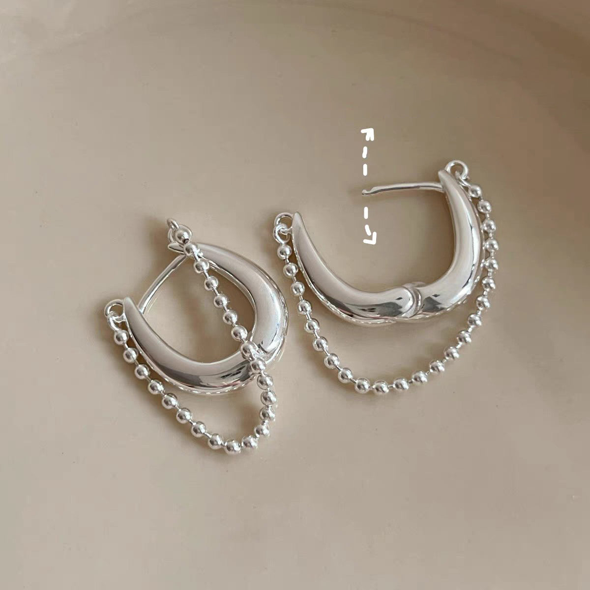 1 Pair 999 Sterling Silver Beaded Chain Hoop Earrings, Minimalist Style, Perfect For Daily Wear And Valentine's Gift