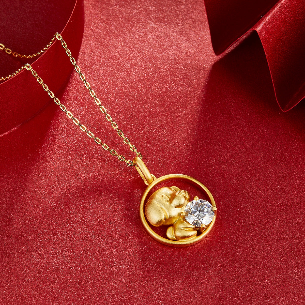 S925 Sterling Silver Gold Plated 1ct Moissanite Chinese Zodiac Pendant Necklace 5.2g Benmingnian Gift GRA Certified Gift Box