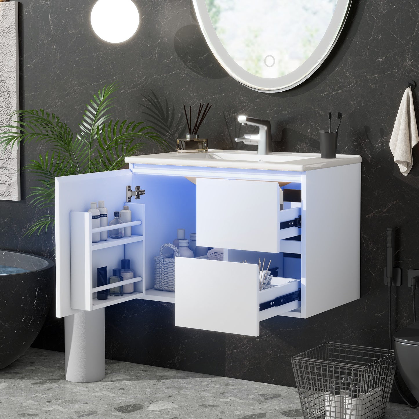 76x46x50cm Wall-hung Bathroom Cabinet, Full Lacquer, LED Radar Sensor Lighting, Washbasin, Two Drawers, Quiet Sliding Rails, Left And Right Shelf, Integrated Washbasin, White
