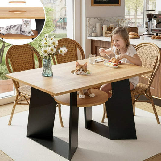 Pet-friendly Dining Room Kitchen Table With Pet Area & Storage Rack, Rectangular For 6 People  130X85X75 Cm , Natural Wood-black Mix