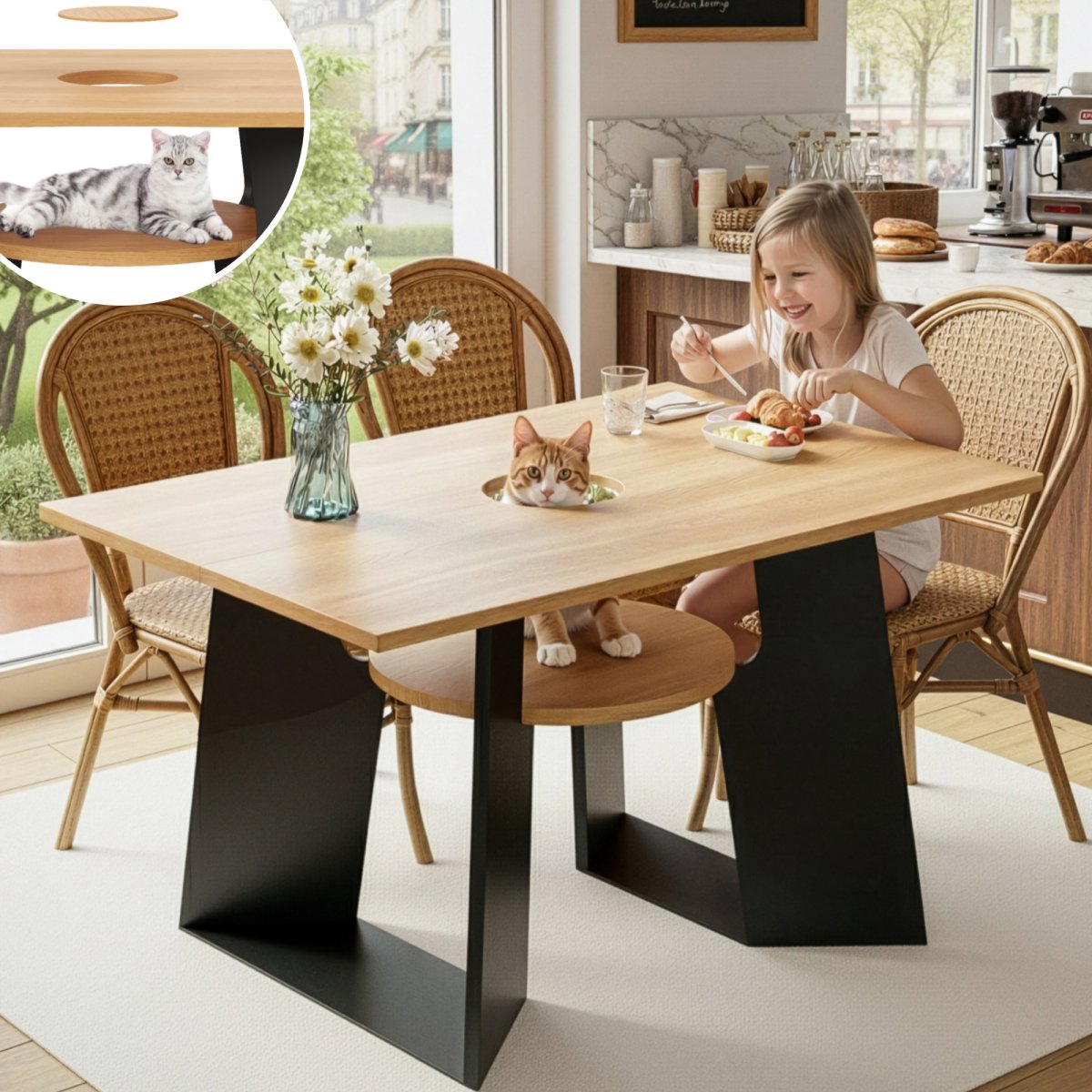 Pet-friendly Dining Room Kitchen Table With Pet Area & Storage Rack, Rectangular For 6 People  130X85X75 Cm , Natural Wood-black Mix