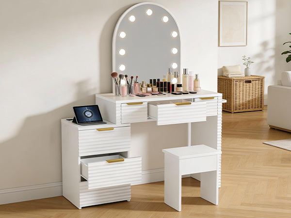 Makeup Vanity Desk With Mirror Lights Glass Tabletop 3 Lighting Modes Adjustable Vanity Table Modern Makeup Desk With Chair Power Outlet And 6 Drawers For Bedroom
