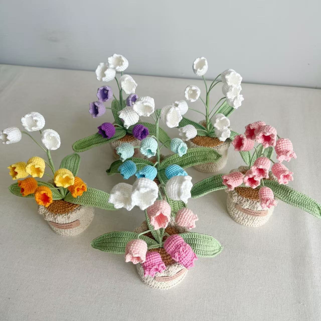 Hand Crocheted Lily Of The Valley Artificial Flowers  Potted Arrangement Decor For Indoor Table Living Room Bedroom