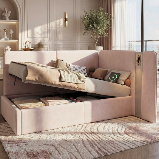 Daybed,  3FT Single Bed 90x190cm, L-shaped Upholstered With Storage, Sofa Bed, Hydraulic Bed With USB Charging Port And Reading Lamp, Velvet, Pink