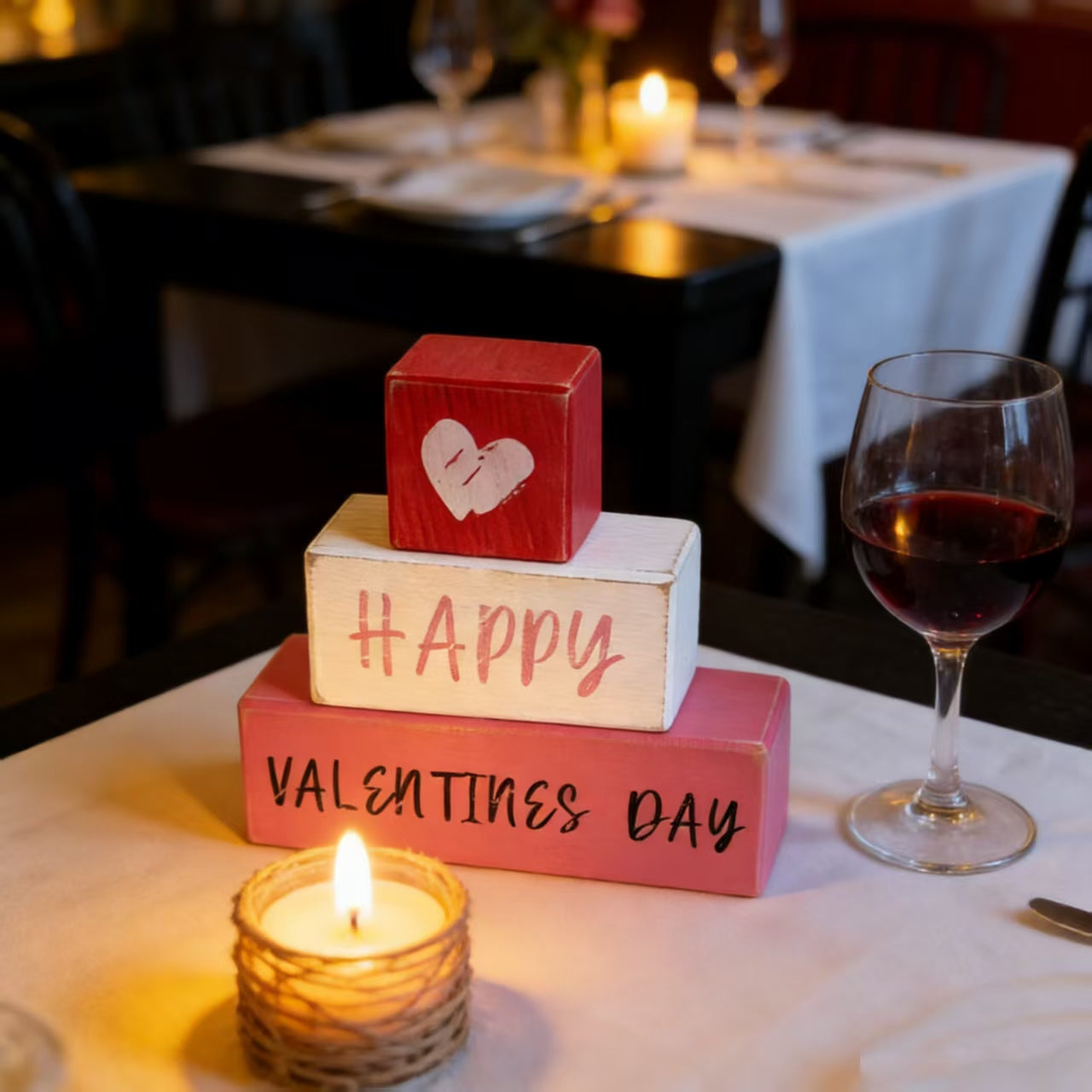Valentine's Day Wooden Block Sign, Romantic Table Decor With Heart Pattern, Wedding Anniversary Photo Prop